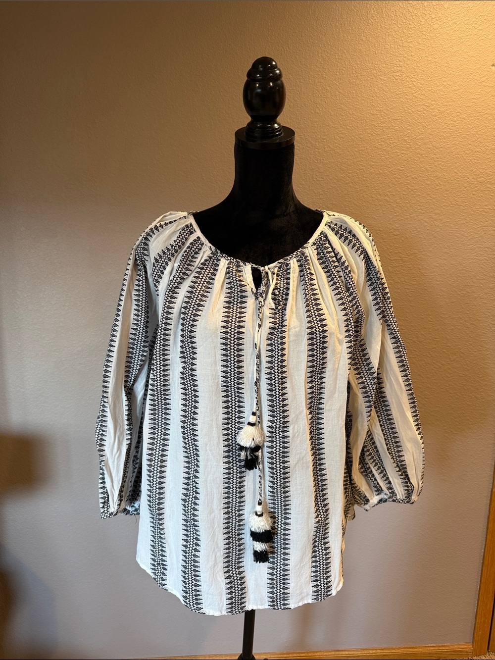 Premise Black & White Striped Embroidered Peasant Blouse